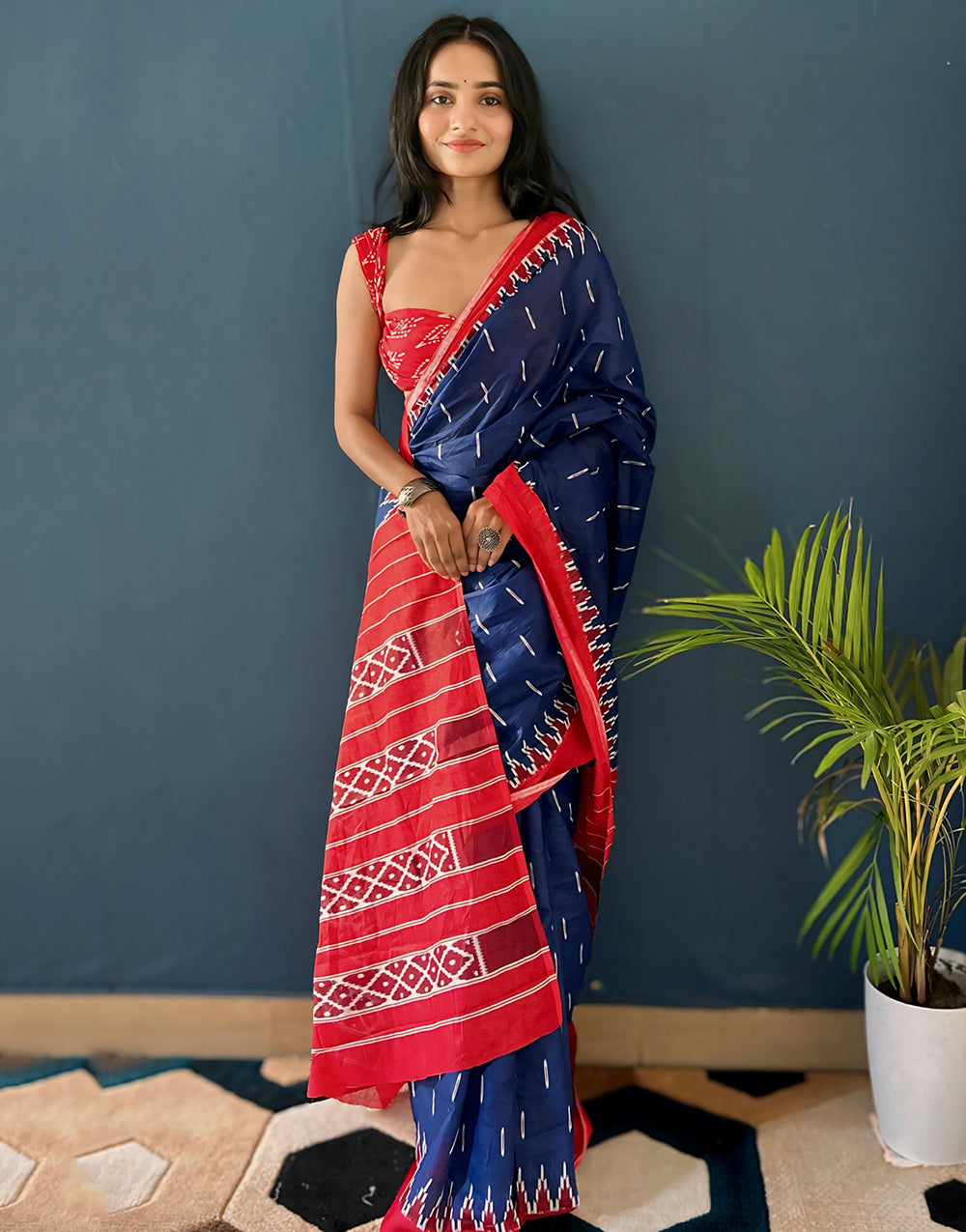 Blue & Red Soft Pure Cotton Saree With Printed Work