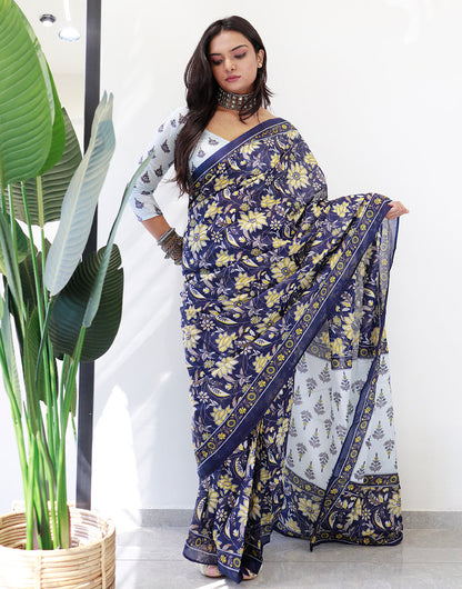 Navy Blue Pure Soft Cotton Saree With Floral Printed Work