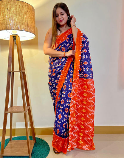 Midnight Blue & Orange Pure Soft Cotton Saree With Block Printed Work