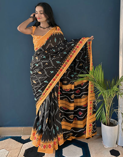 Black & Pale Orange Pure Cotton Saree With Printed Work