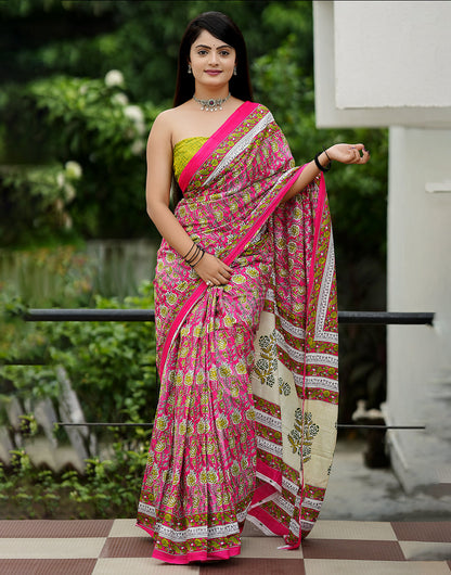 Pink Mulmul Cotton Saree With Block Printed Work