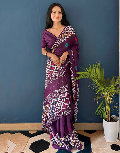 Plum Purple Soft Pure Mulmul Cotton Saree With Printed Work