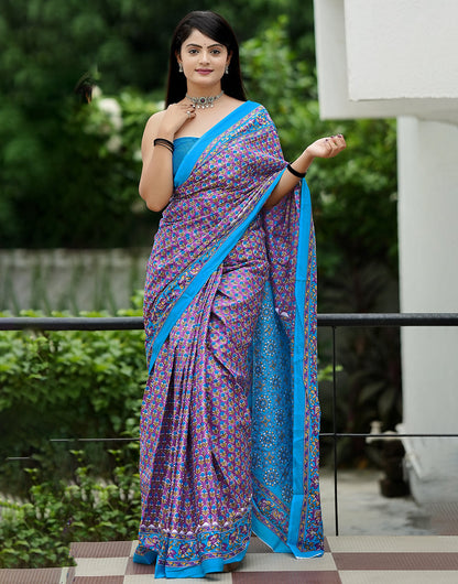 Lavender Mulmul Cotton Saree With Block Printed Work