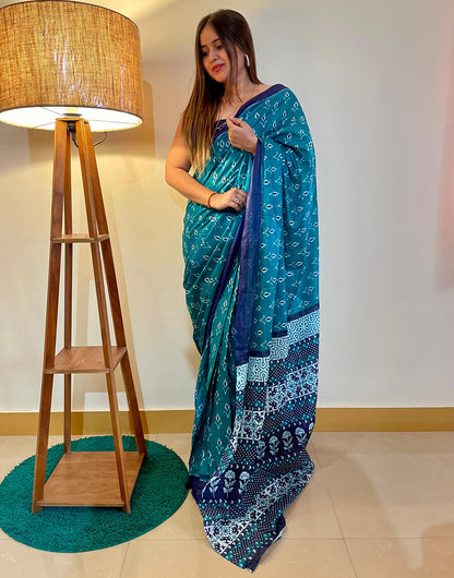 Teal Blue Pure Soft Mulmul Cotton Saree With Printed Work