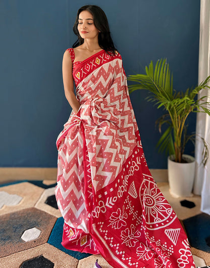 Red & White Pure Cotton Saree With  Hand Block Printed Work