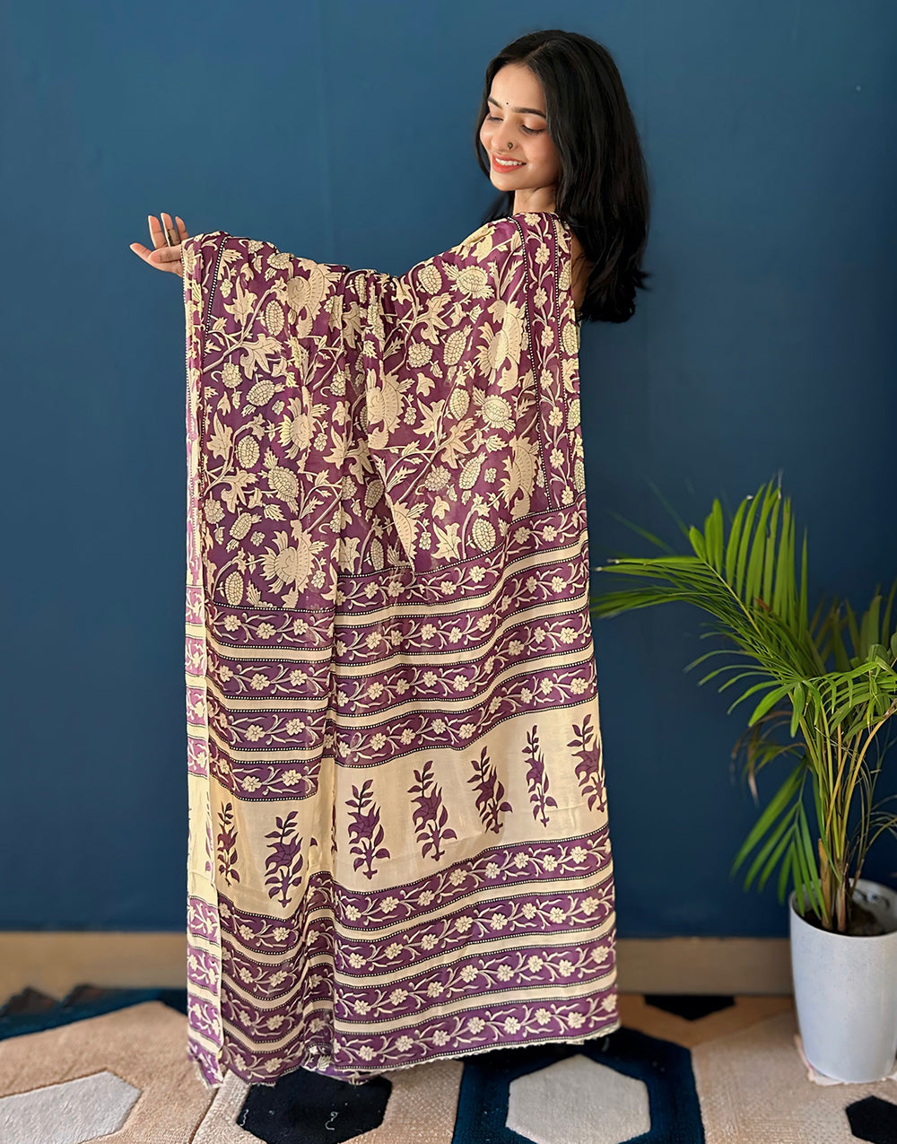 Purple Pure Mulmul Cotton Saree With Ajrakh Block Printed Work