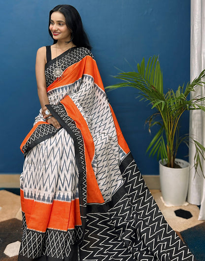 White & Black Pure Soft Mulmul Cotton Saree With Block Printed Work