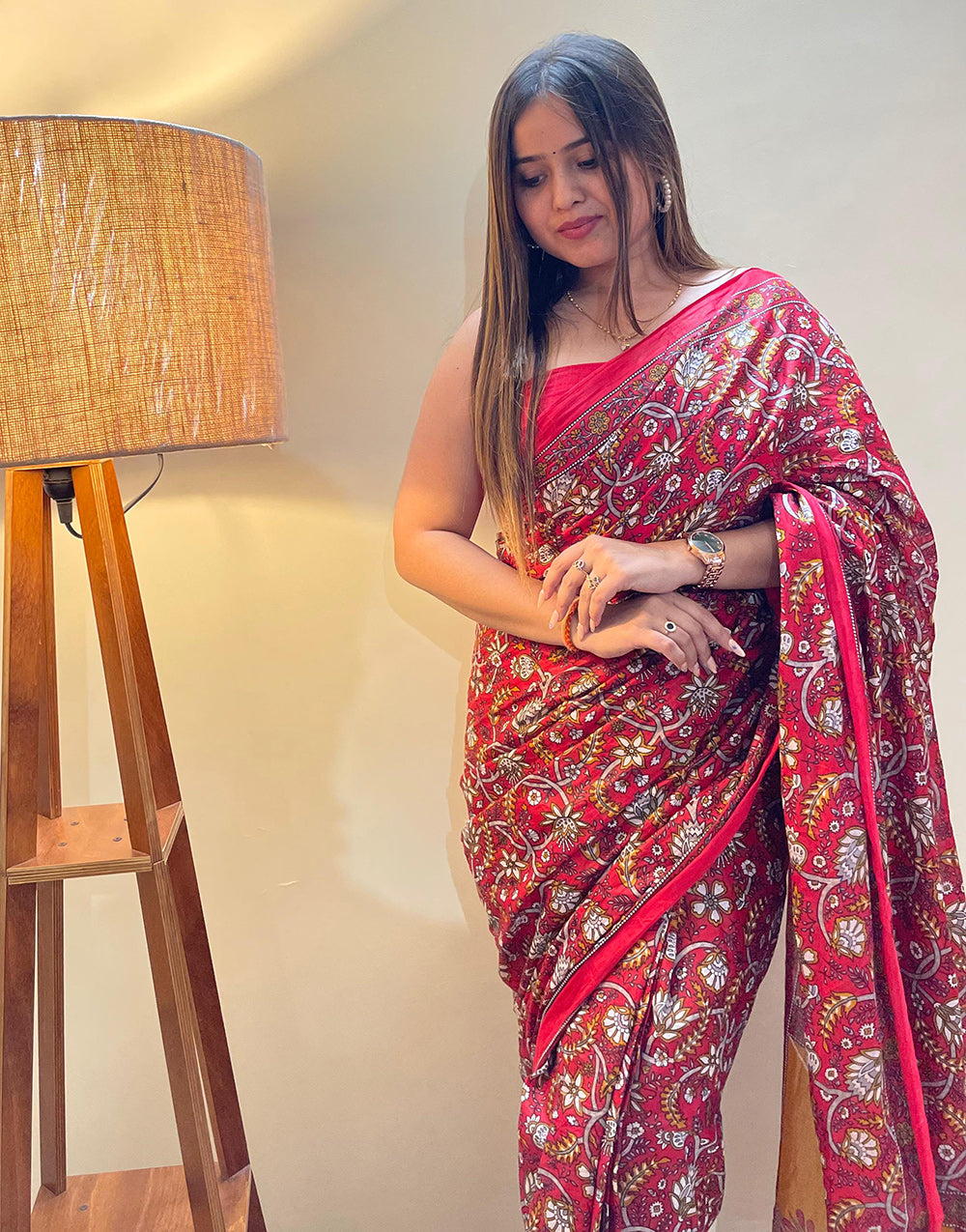 Crimson Red & Yellow Pure Soft Cotton Saree With Floral Printed Work