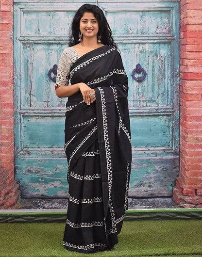 Black Block Printed Ikkat Pure Soft Cotton Saree