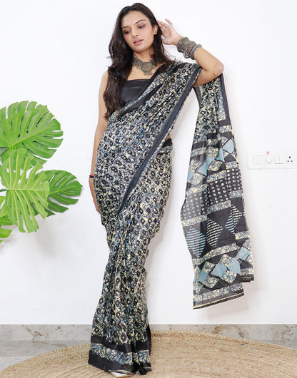 Black & Off White Pure Soft Cotton Saree With Printed Work