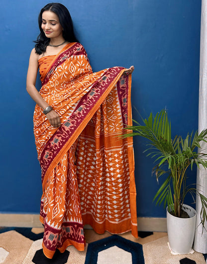 Orange Soft Mulmul Cotton Saree With Printed Work