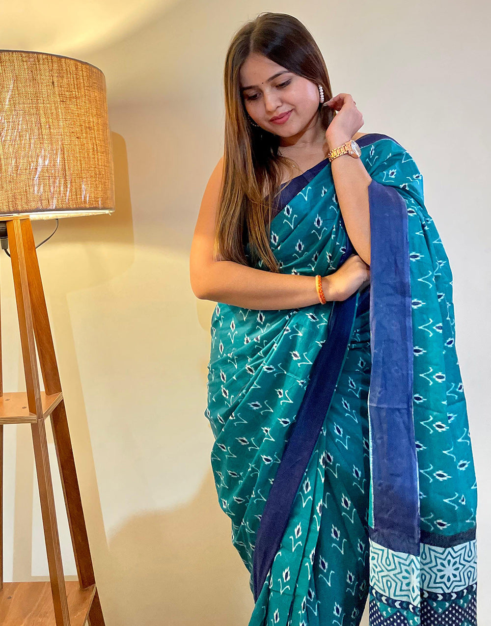 Teal Blue Pure Soft Mulmul Cotton Saree With Printed Work