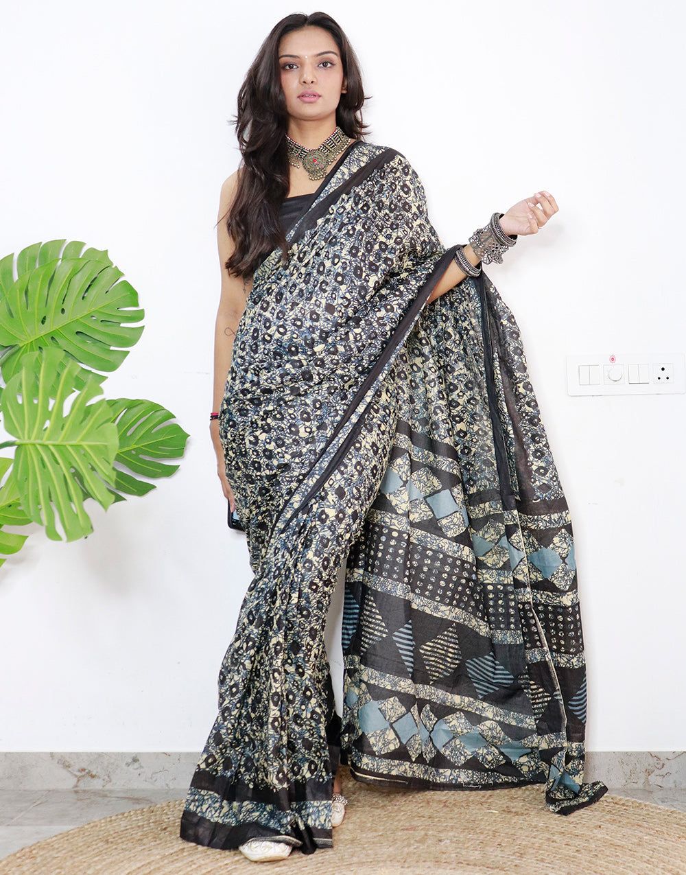 Black & Off White Pure Soft Cotton Saree With Printed Work