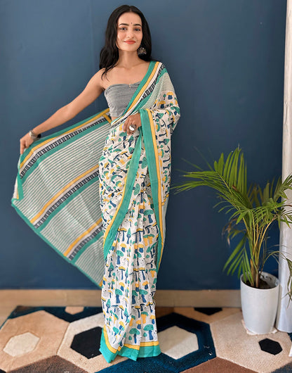 White & Sea Green Pure Soft Cotton Saree With Block Printed Work