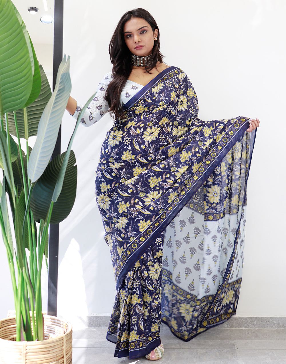 Navy Blue Pure Soft Cotton Saree With Floral Printed Work