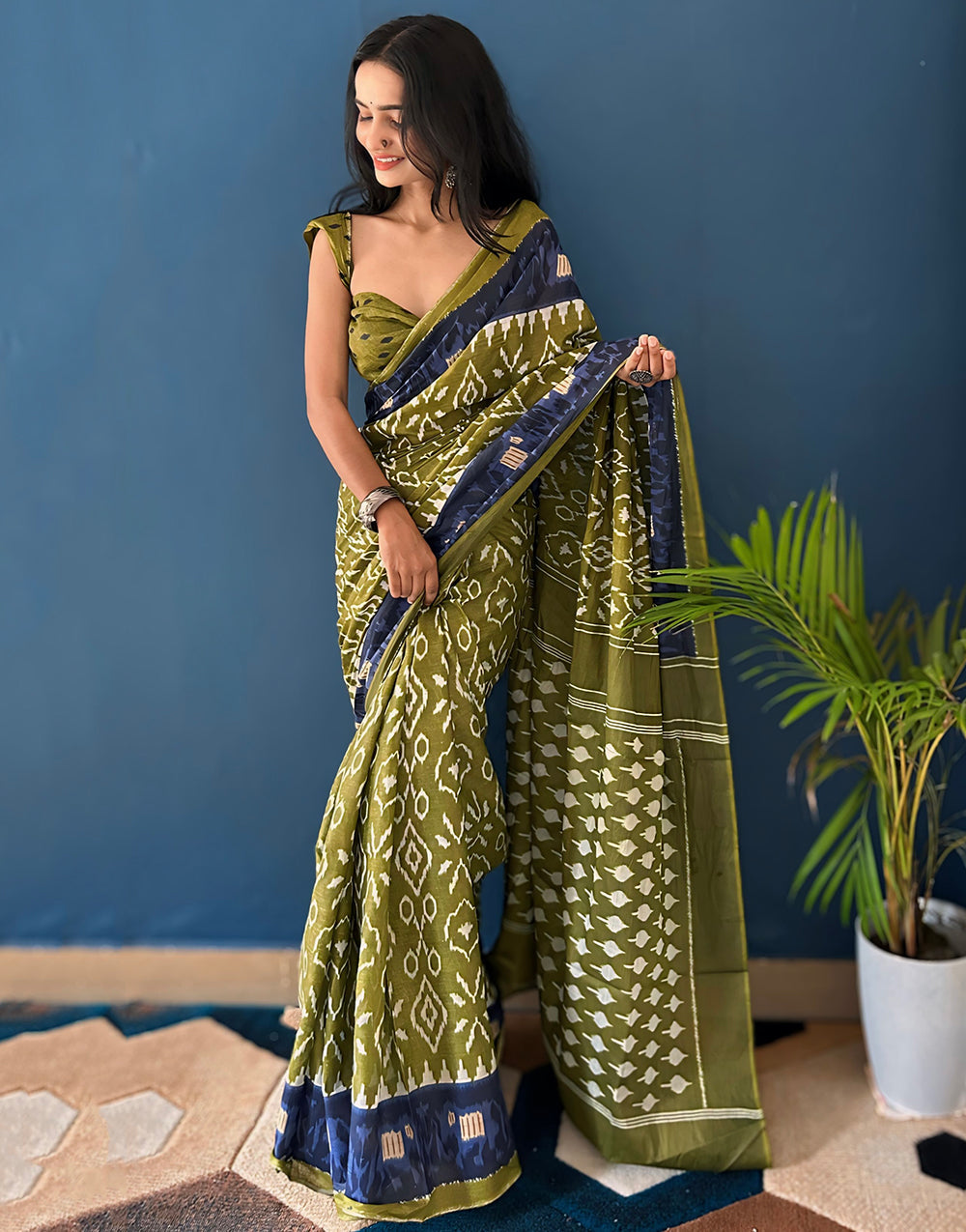 Olive Green Soft Pure Cotton Saree With Block Printed Work