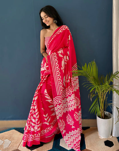 Crimson Red Soft Pure Cotton Saree With Block Printed Work