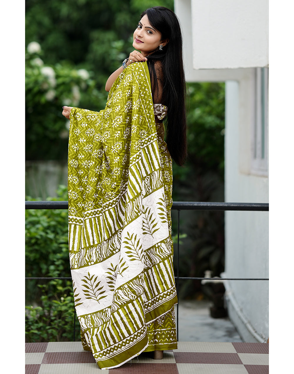 Olive Green Soft Mulmul Cotton Saree With Block Printed Work