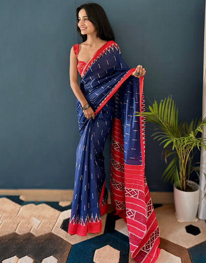 Blue & Red Soft Pure Cotton Saree With Printed Work