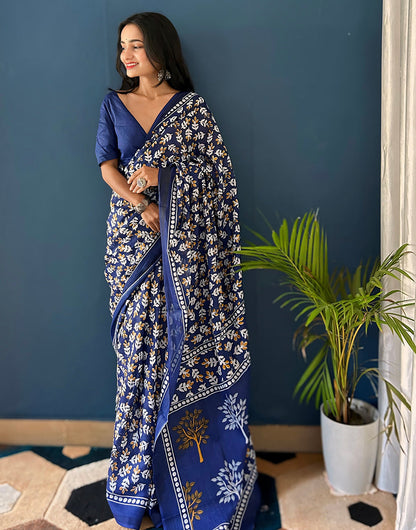 Navy Blue Pure Soft Mulmul Cotton Saree With Block Printed Work