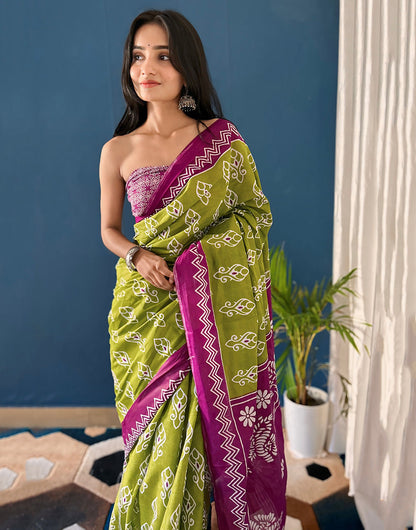 Green & Purple Pure Soft Mulmul Cotton Saree With Block Printed Work