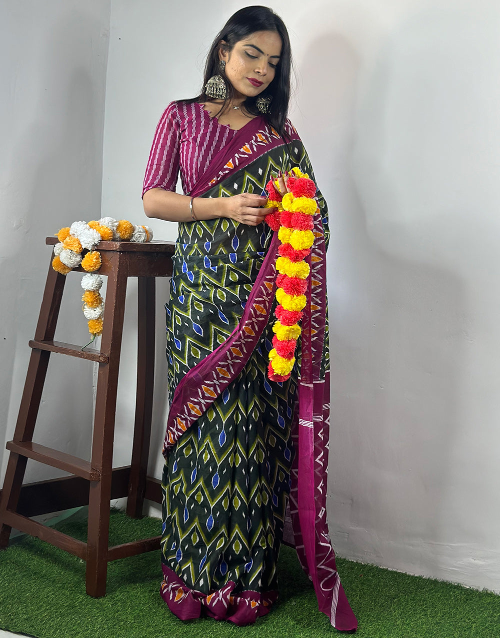 Dark Green & Magenta Pure Soft Cotton Saree With Block Printed Work