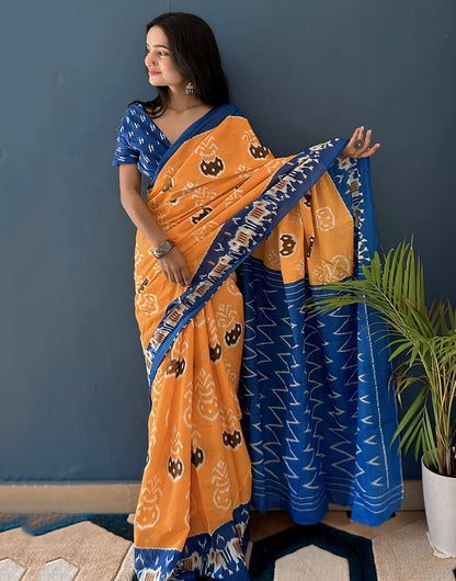 Apricot Orange Soft Pure Cotton Saree With Block Printed Work