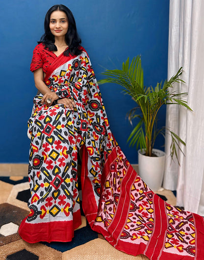 White & Red Pure Soft Mulmul Cotton Saree With Printed Work