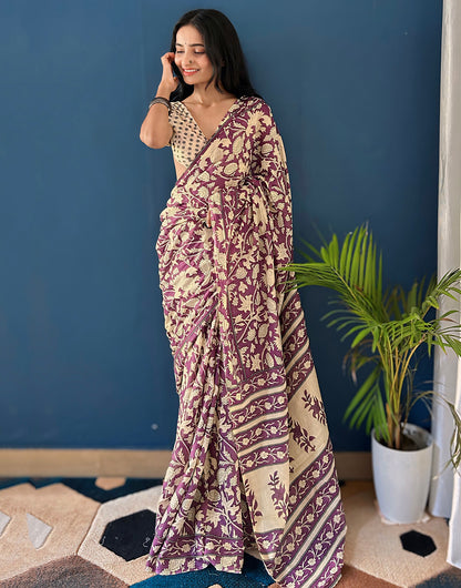 Purple Pure Mulmul Cotton Saree With Ajrakh Block Printed Work