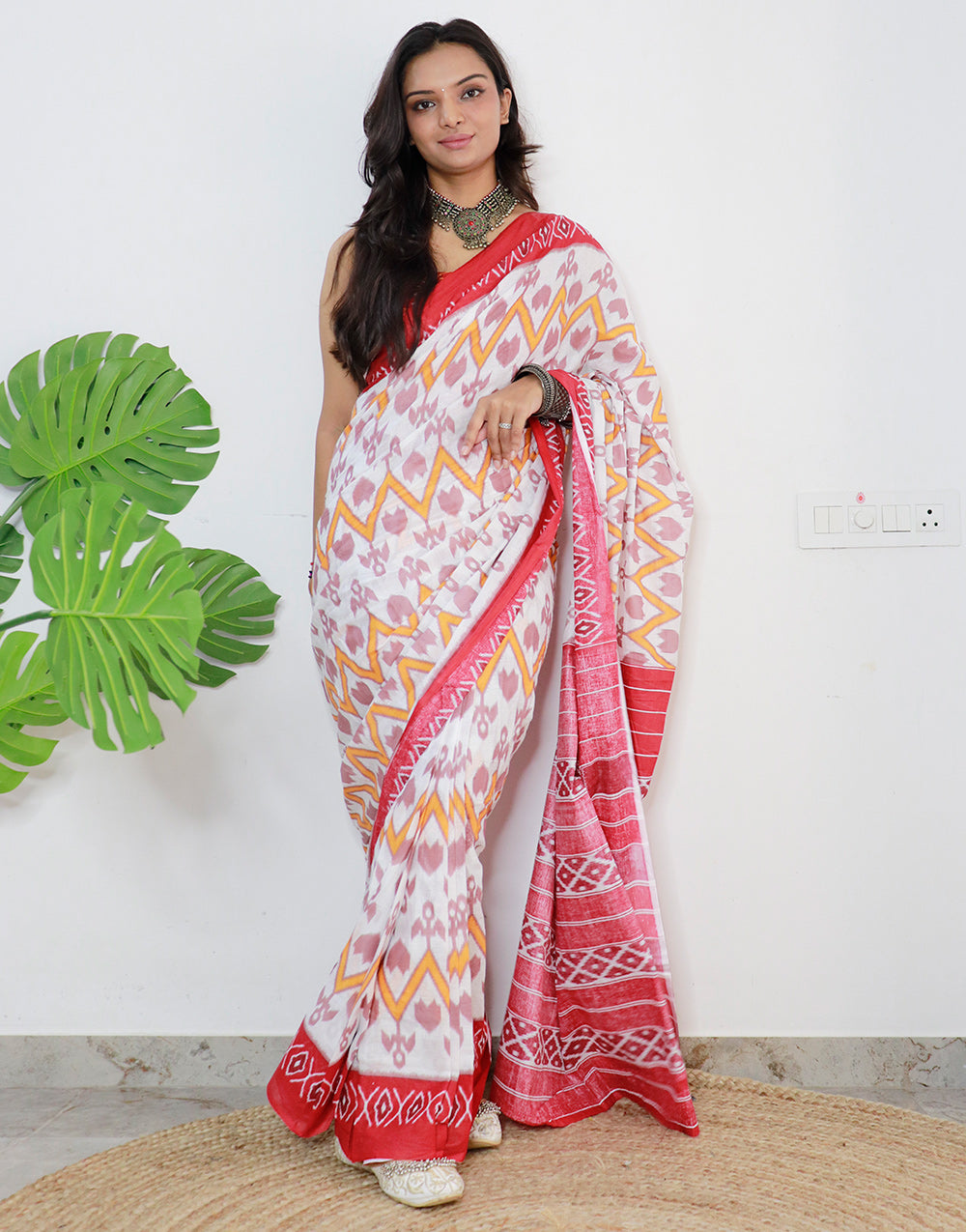 White & Red Pure Soft Cotton Saree With Ikat Printed Work