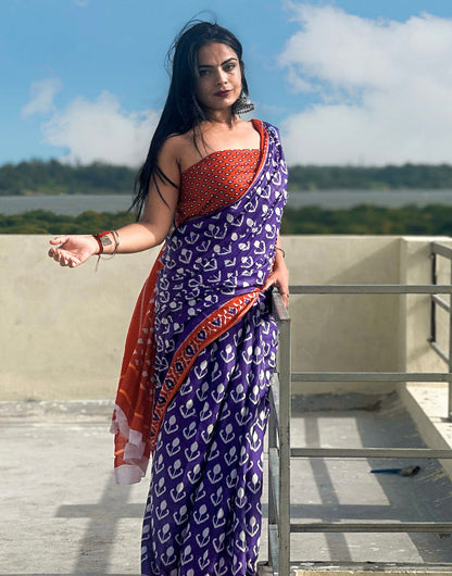 Violet Pure Soft Cotton Saree With Jaipur Printed Work