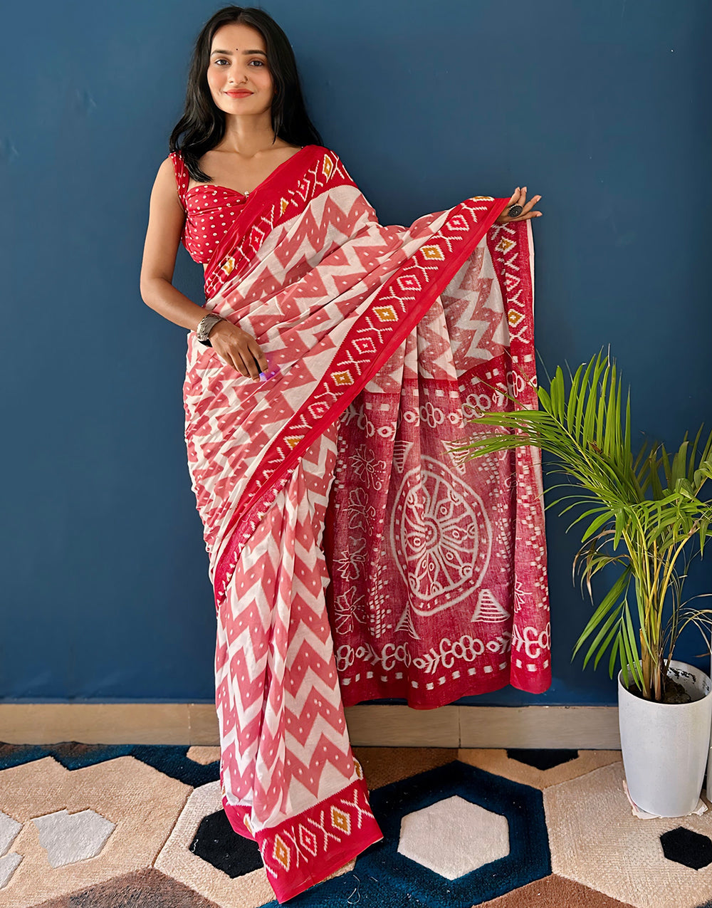 Red & White Pure Cotton Saree With  Hand Block Printed Work