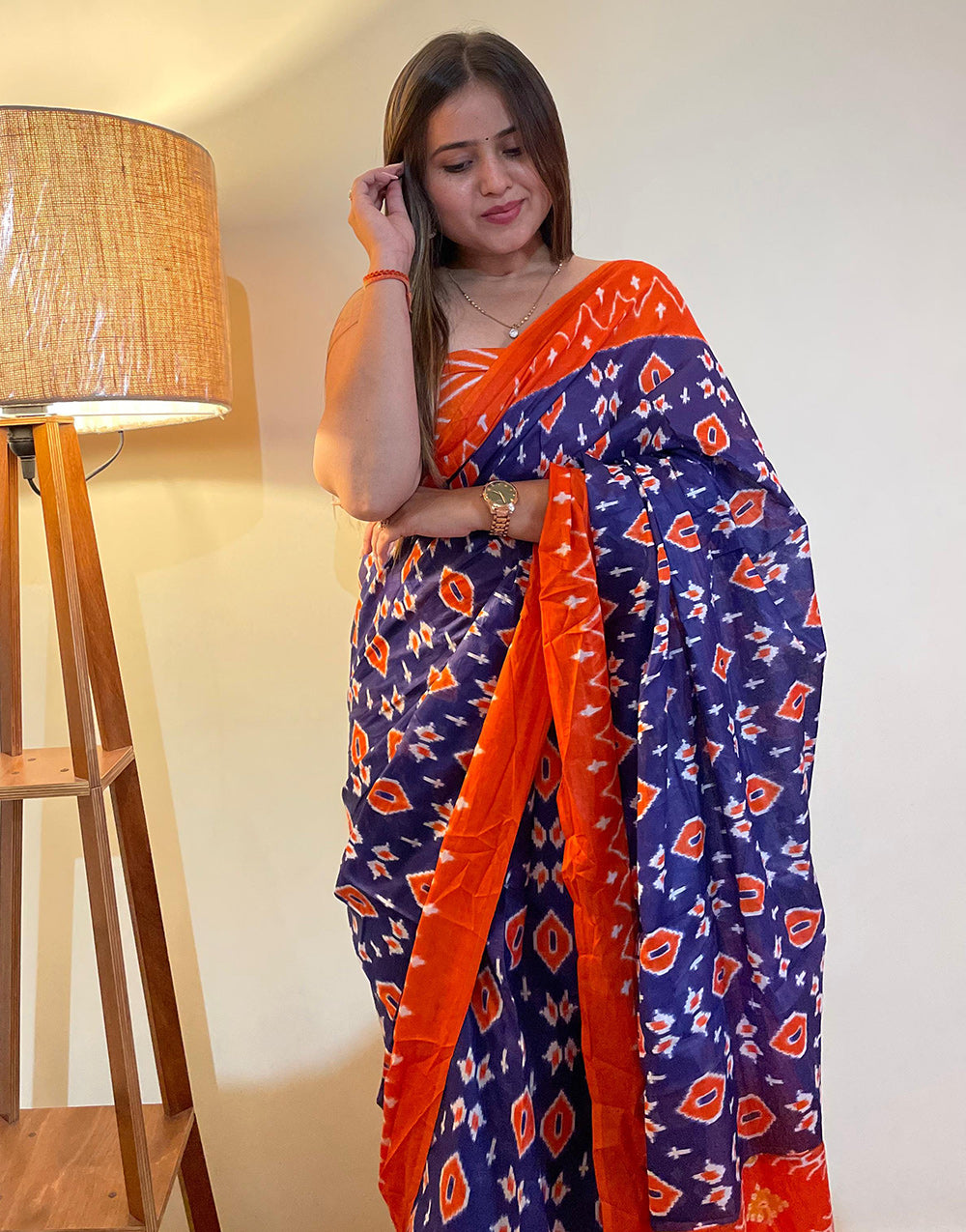 Midnight Blue & Orange Pure Soft Cotton Saree With Block Printed Work