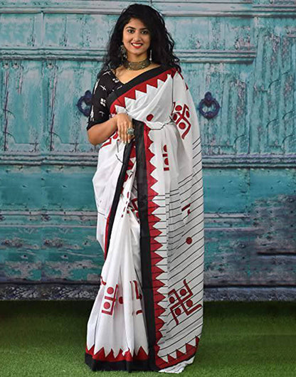 White & Maroon Hand Block Print Jaipuri Pure Cotton Soft Saree