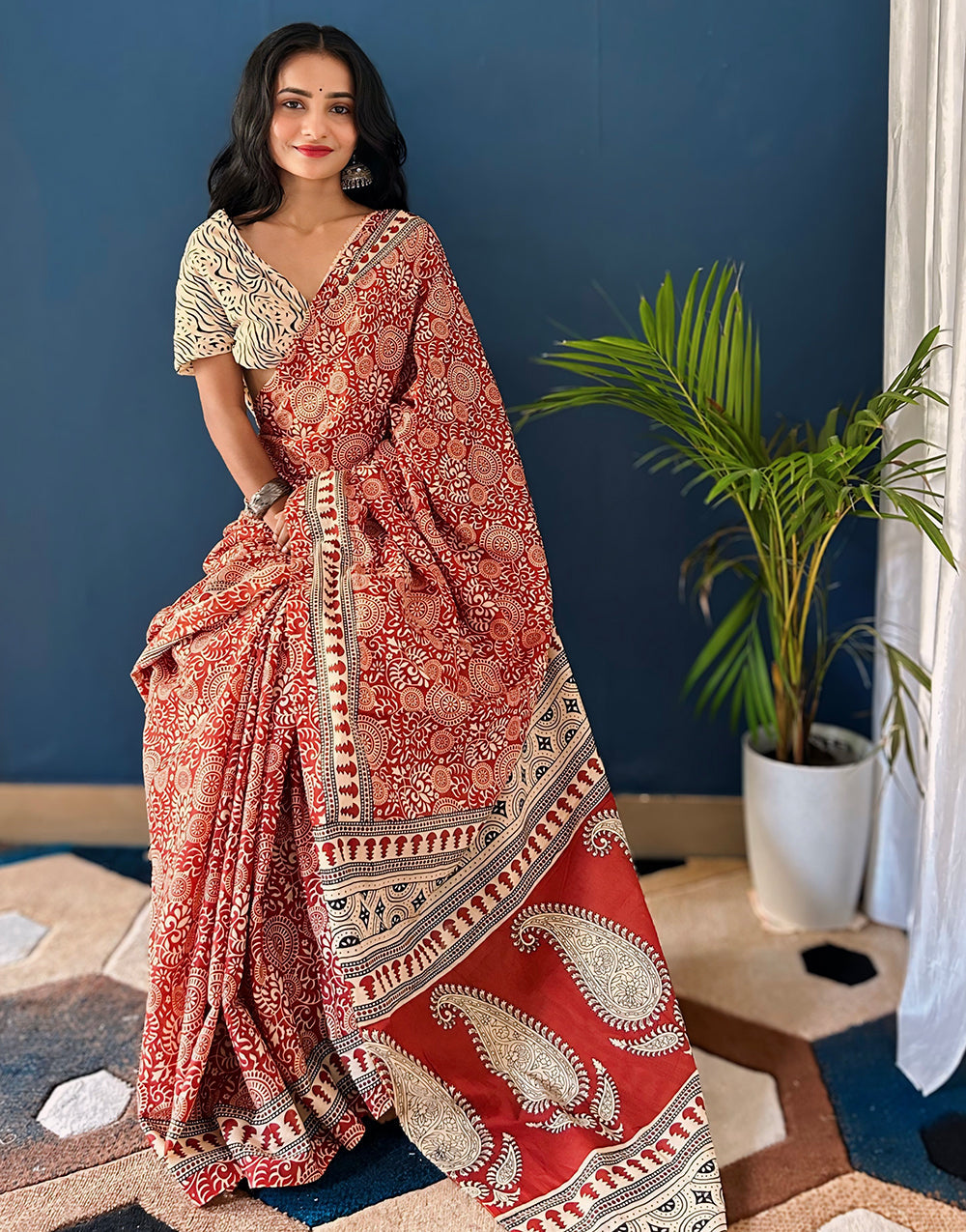 Red & Cream Pure Soft Mulmul Cotton Saree With Block & Printed Work