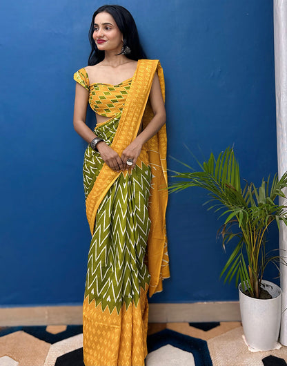 Yellow & Green Pure Soft Mulmul Cotton Saree With Printed Work