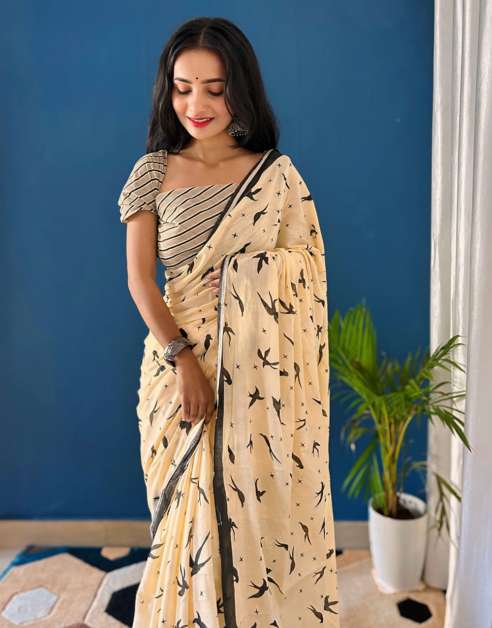 Cream Pure Soft Mulmul Cotton Saree With Block Printed Work