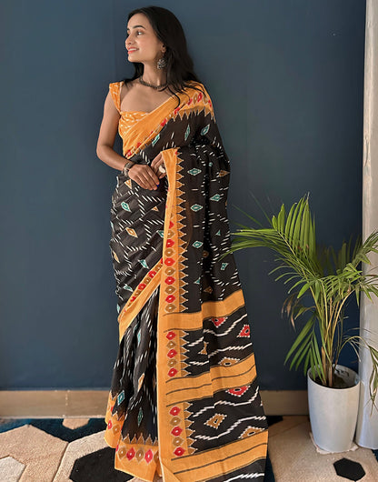 Black & Pale Orange Pure Cotton Saree With Printed Work