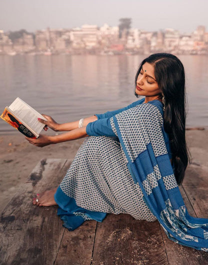 Blue & White Pure Cotton Saree With Printed work