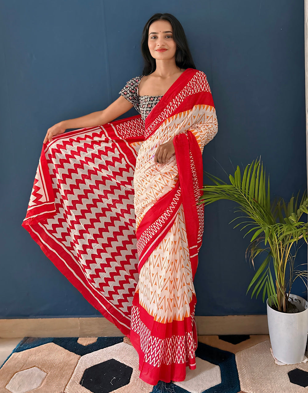 Light Cream & Red Pure Soft Mulmul Cotton Saree With Block Printed Work