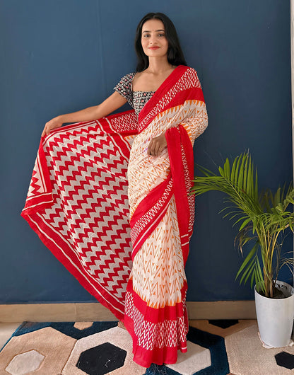 Light Cream & Red Pure Soft Mulmul Cotton Saree With Block Printed Work