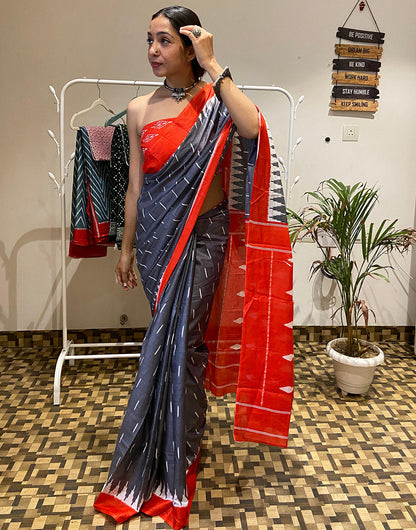 Lead Gray & Red Soft Mulmul Cotton Saree With Printed Work