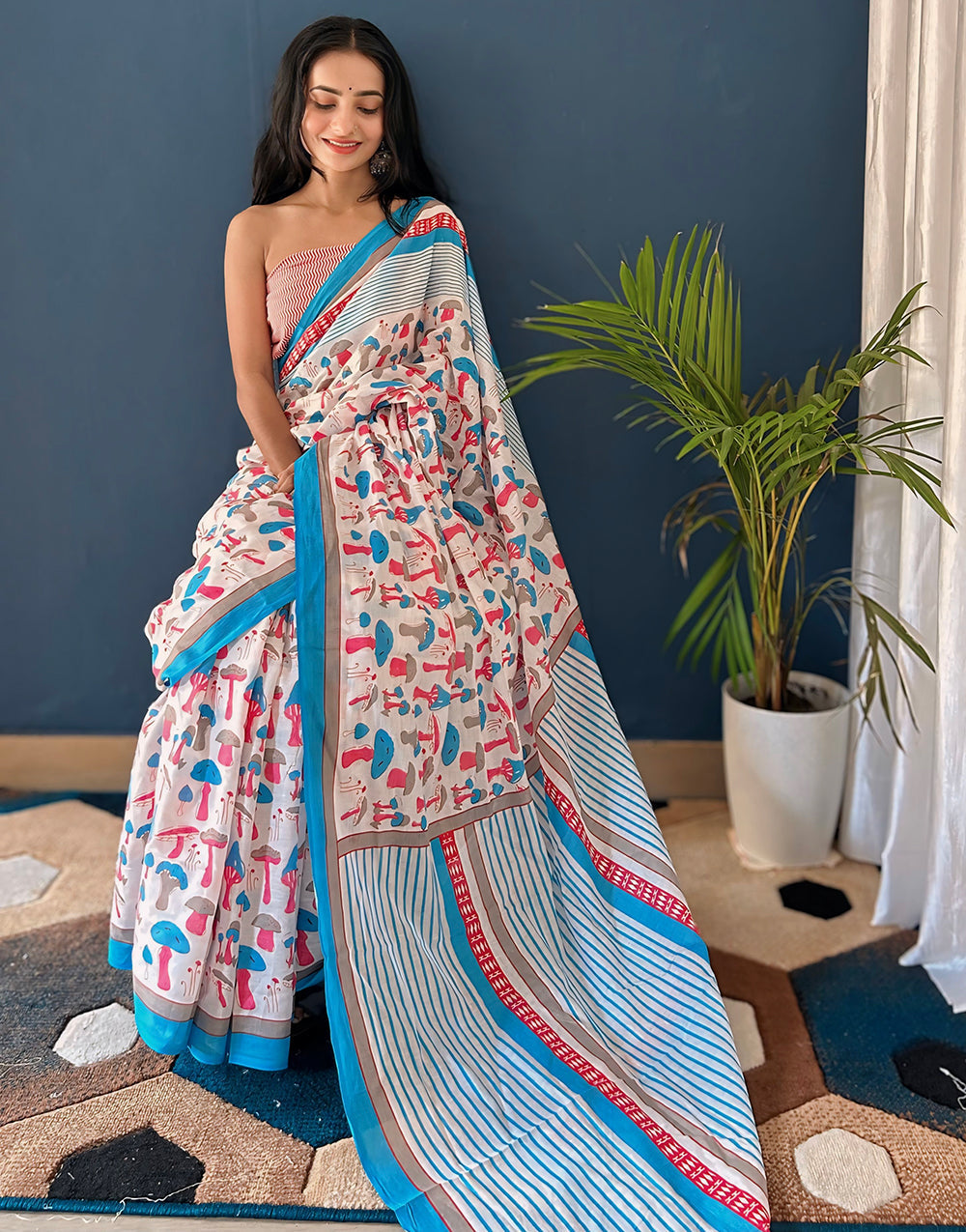 White & Sky Blue Pure Soft Mulmul Cotton Saree With Block Printed Work