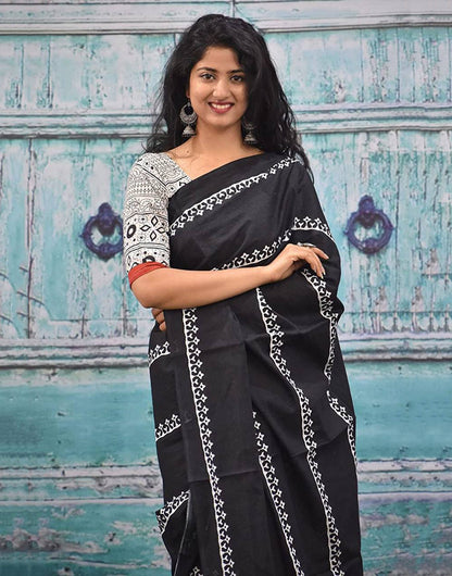 Black Block Printed Ikkat Pure Soft Cotton Saree