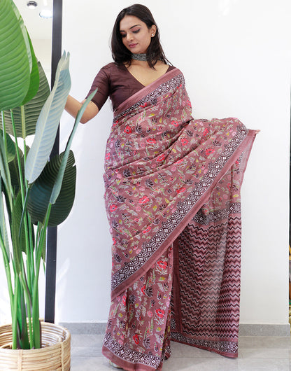 Turkish Rose Pink Pure Cotton Saree With Floral Printed Work