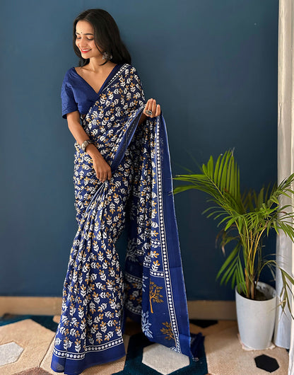 Navy Blue Pure Soft Mulmul Cotton Saree With Block Printed Work