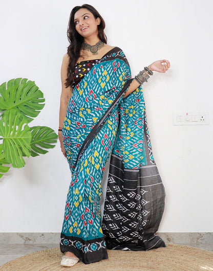 Teal Blue Pure Soft Cotton Saree With Block Printed Work