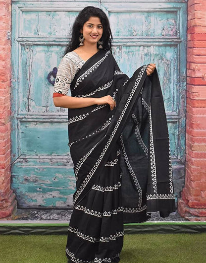 Black Block Printed Ikkat Pure Soft Cotton Saree