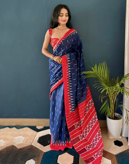 Blue & Red Soft Pure Cotton Saree With Printed Work