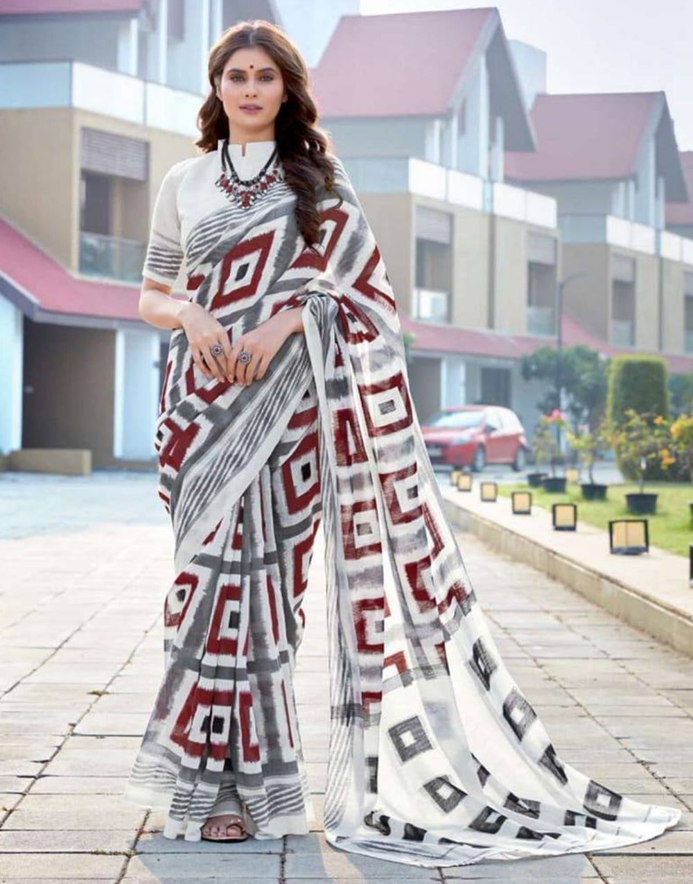 Grey & Maroon Geometric Printed Pure Cotton Saree